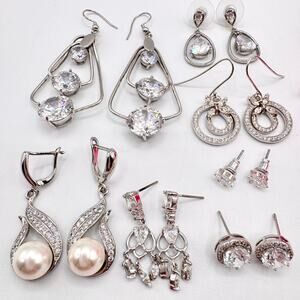 7 Pair CZ Cubic Zirconia Pierced Earring Lot Silver Tone Wedding Bridal Occasion